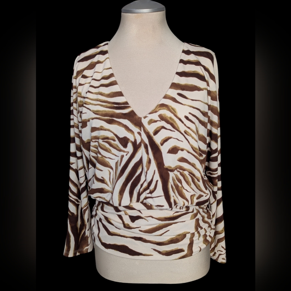 Melanie Lyne Cream And Brown Zebra Print Boho Inspired Style Blouse